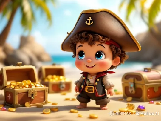 Young Pirate on Treasure-Laden Beach in Pixar-Like Animation – AI Generated Video | Hailuo AI