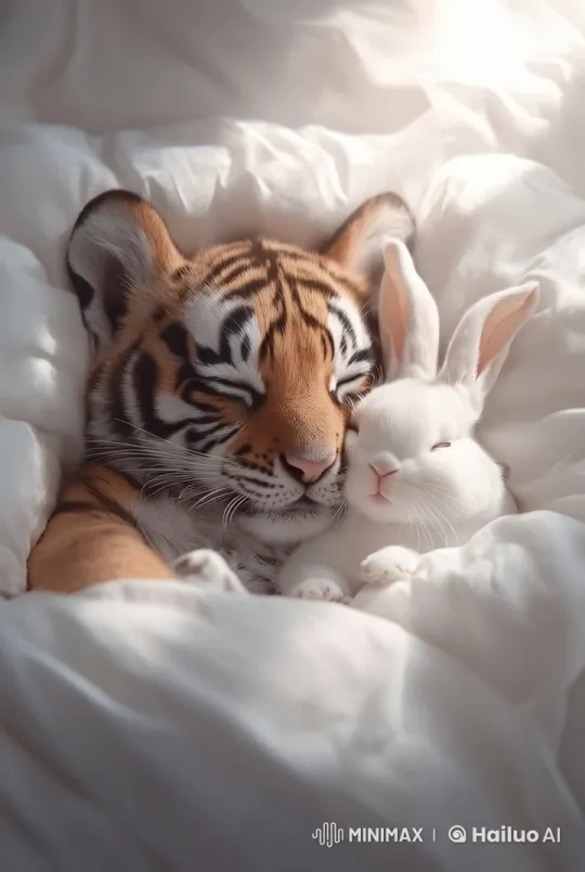 Tiger Cub and Bunny Cozy Slumber in Serene Light – AI Generated Video | Hailuo AI