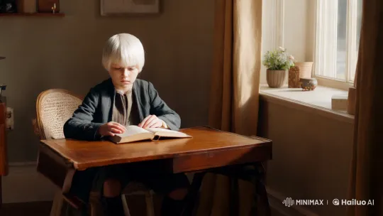 Contemplative White-haired Boy in Aesthetic Room – AI Generated Video | Hailuo AI