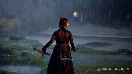 Resolute Korean Woman Wields Sword in Rainy Drama Scene – AI Generated Video | Hailuo AI