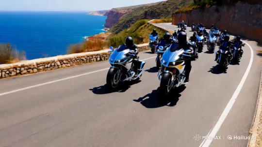 Luxury Motorcycles Parade on Coastal Road – AI Generated Video | Hailuo AI