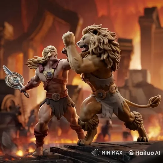 Warrior vs. Lion: Epic Battle in Fiery Ruins – AI Generated Video | Hailuo AI