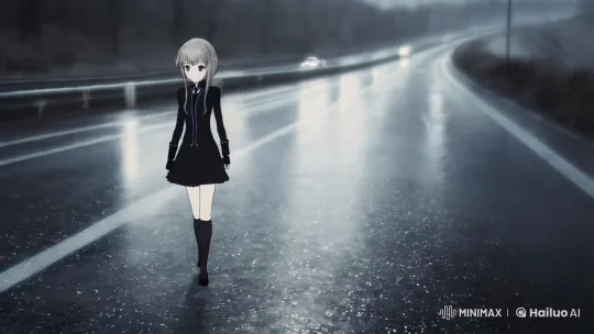 Anime Girl's Solitary Journey on a Rainy Highway – AI Generated Video | Hailuo AI