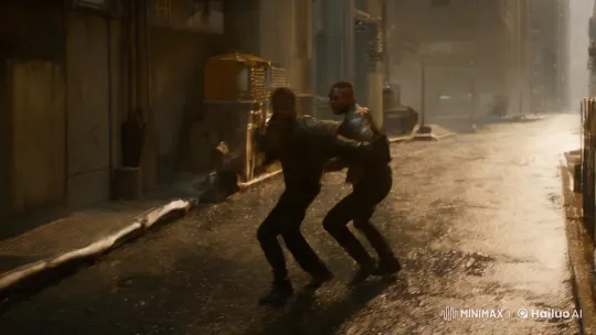 Urban Fight Scene: High Contrast Aesthetic with Slow-Motion Drama – AI Generated Video | Hailuo AI