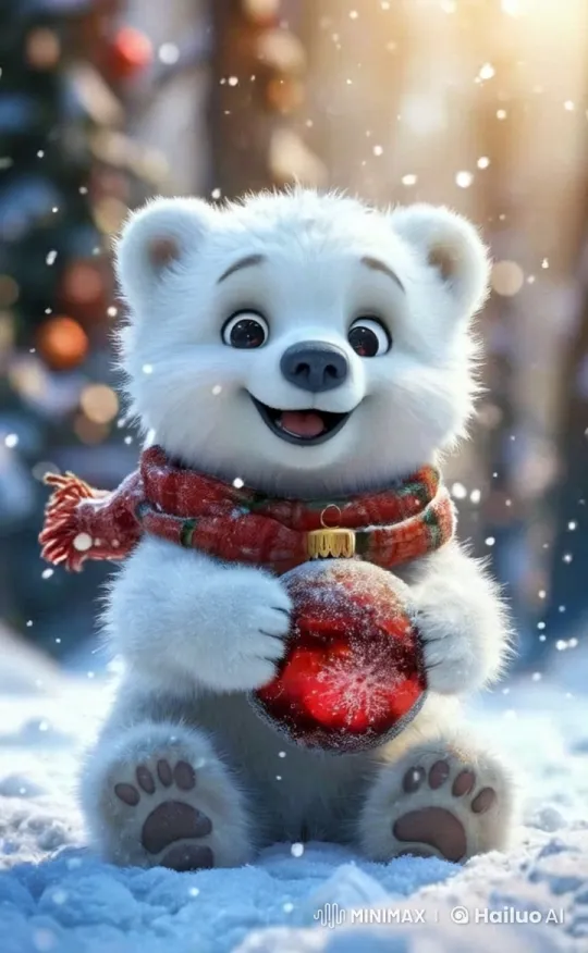 Fuzzy Bear with Red Scarf in Magical Winter Forest – AI Generated Video | Hailuo AI