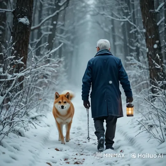 Old Man and Shiba Inu Walk Through Winter Woods – AI Generated Video | Hailuo AI