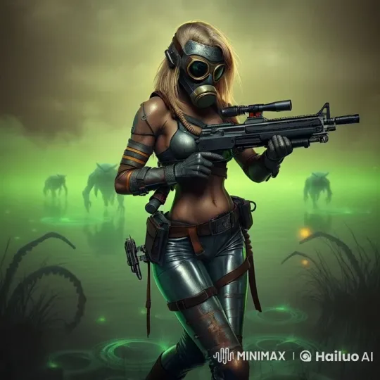 Female Warrior Navigates Alien Swamp with Advanced Rifle – AI Generated Video | Hailuo AI
