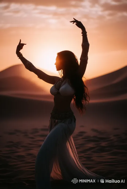 Oriental Dancer Enchants Desert at Sunset – AI Generated Video | Hailuo AI