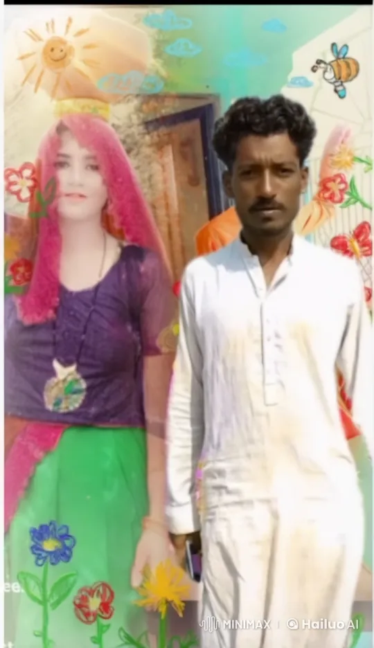Joyful Couple in Vibrant Traditional Attire with Animated Background – AI Generated Video | Hailuo AI