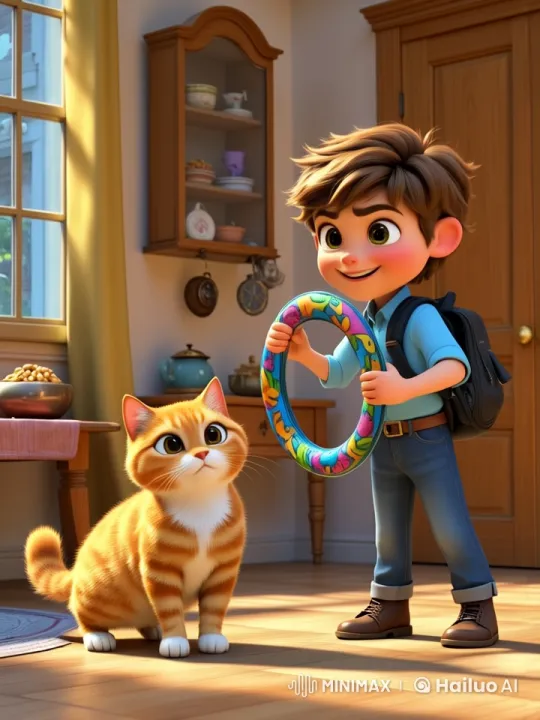 Boy Attempts to Teach Cat to Jump Through Hoop – AI Generated Video | Hailuo AI