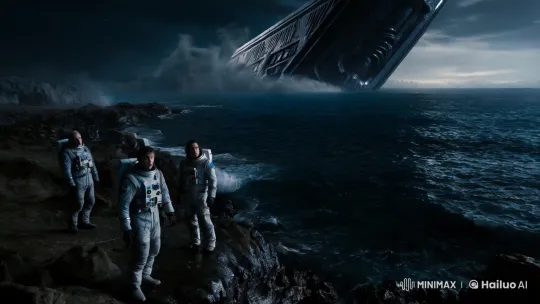 Ancient Structure Overshadows Awe-Struck Astronauts on Eerie Shoreline – AI Generated Video | Hailuo AI