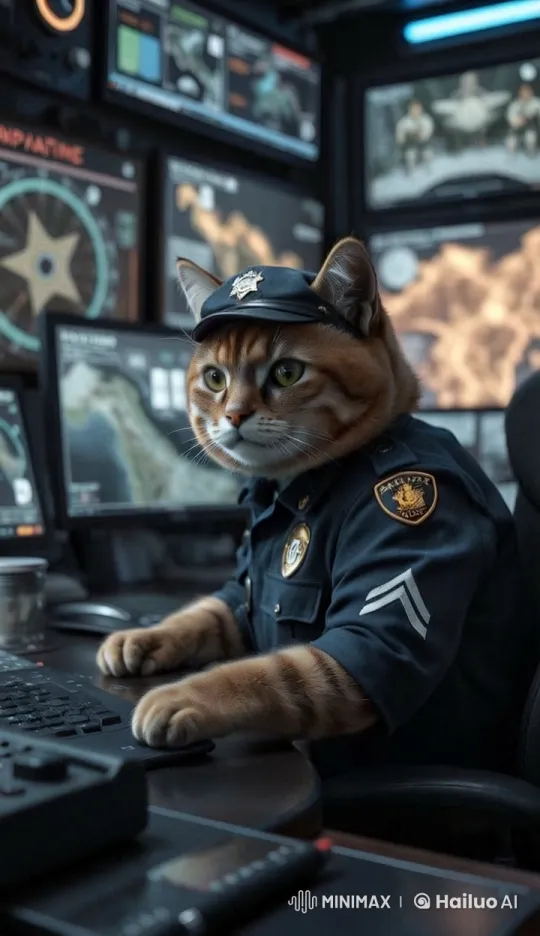 Cat Officer Manages High-Tech Control Center – AI Generated Video | Hailuo AI