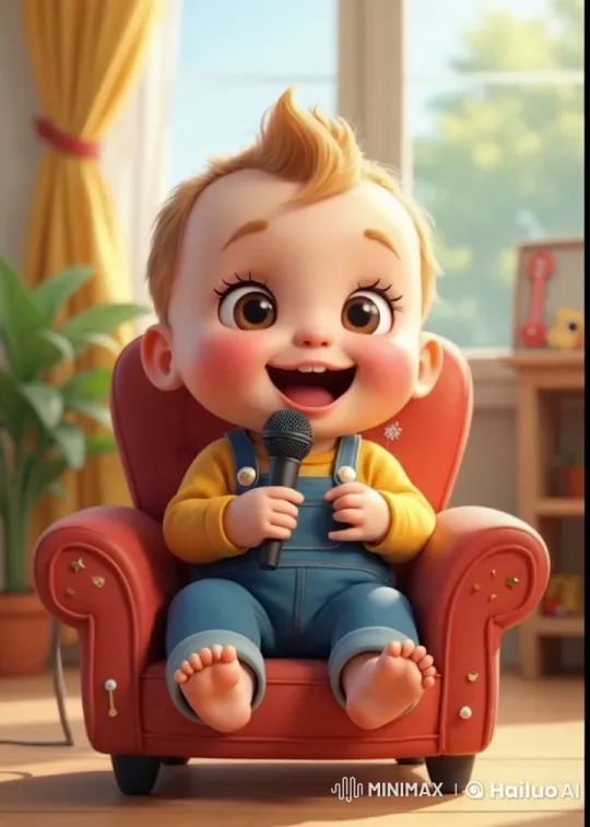 Baby in Armchair with Microphone, Cozy Room – AI Generated Video | Hailuo AI
