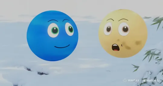 Animated Spheres Evade a Chasing Bear in Snowy Landscape – AI Generated Video | Hailuo AI