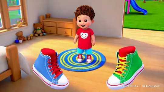 Joyful Child Dances with Animated Shoes in Cartoon Realism – AI Generated Video | Hailuo AI