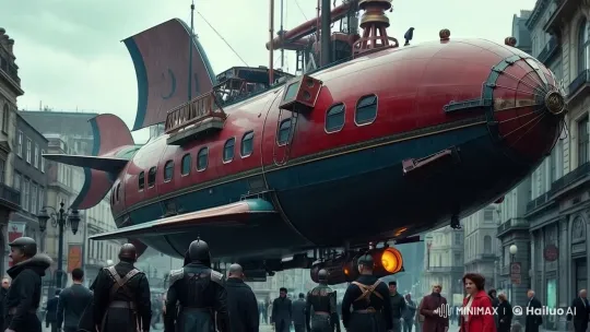 Steampunk Airship Prepares for Takeoff in Historic City Street – AI Generated Video | Hailuo AI