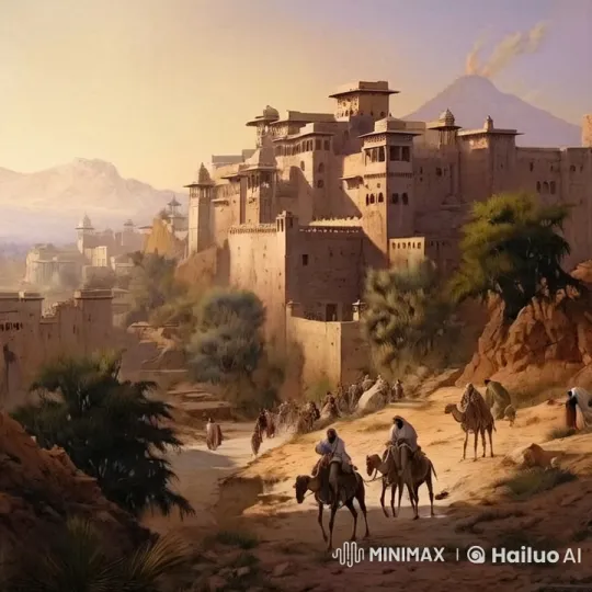 Ancient Desert City: Sunset, Camels, and Volcanic Mountain – AI Generated Video | Hailuo AI