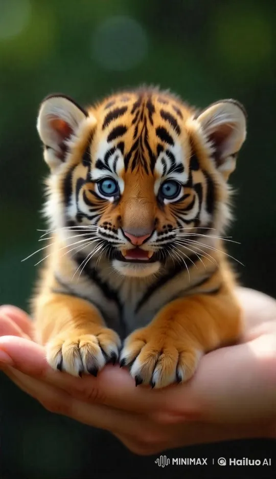 Affectionate Tiger Cub Nuzzles in Human's Hands – AI Generated Video | Hailuo AI