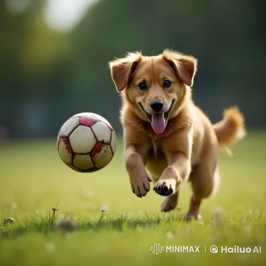 Energetic Dog Joyfully Chasing Soccer Ball – AI Generated Video | Hailuo AI