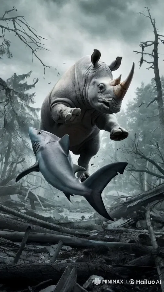 Rhino and Shark Merge into Hybrid Beast in Desolate Forest – AI Generated Video | Hailuo AI