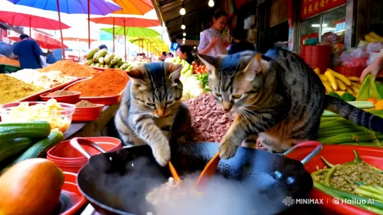 Tabby Cats Cook with Grace in Bustling Chinese Market – AI Generated Video | Hailuo AI
