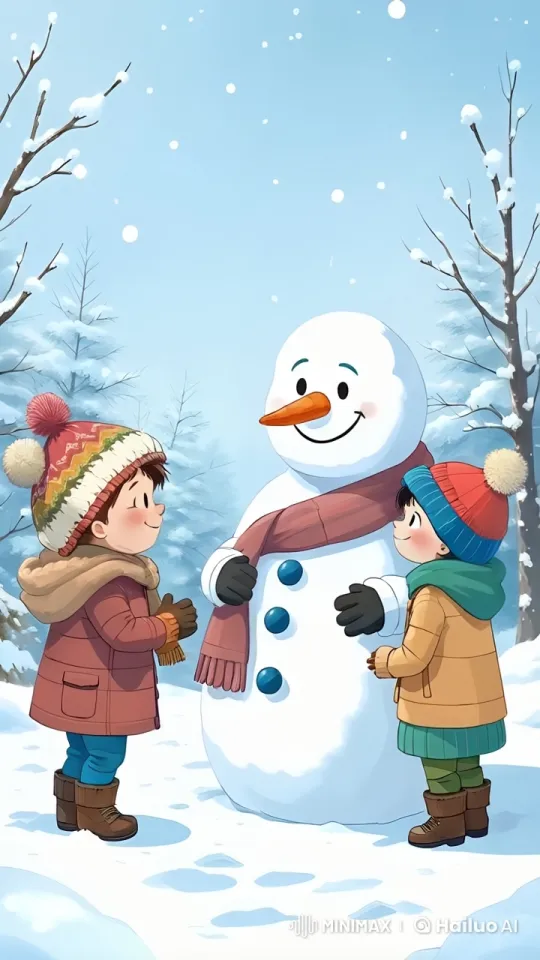 Children and Snowman in Serene Winter Scene – AI Generated Video | Hailuo AI