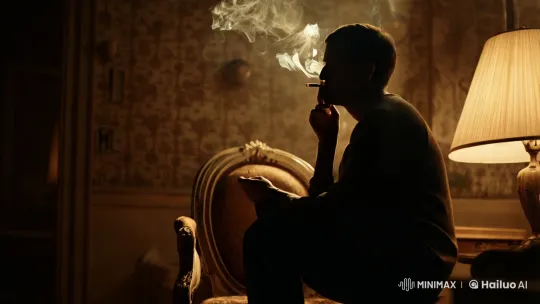Contemplative Figure in Vintage Chair Amidst Dim Light and Smoke – AI Generated Video | Hailuo AI