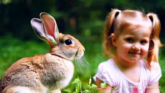 Child and Rabbit in Sunlit Forest Glade – AI Generated Video | Hailuo AI