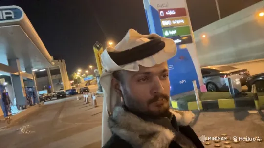 Traditional Attire at Night Gas Station Smoking Scene – AI Generated Video | Hailuo AI