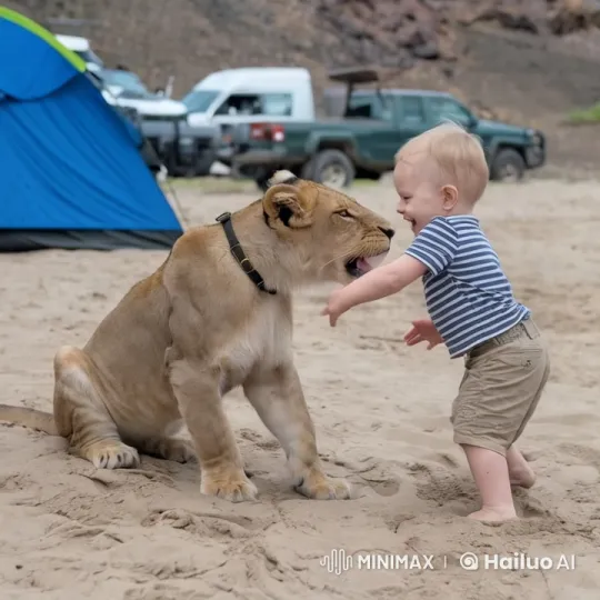 Child and Lion Bond in Playful Interaction – AI Generated Video | Hailuo AI