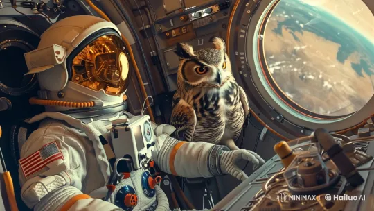 Futuristic Astronaut and Owl in Spacecraft Panorama – AI Generated Video | Hailuo AI