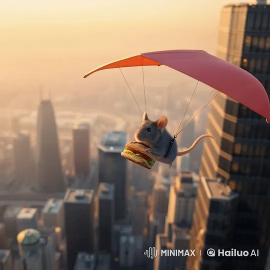 Adventurous Mouse Flies Over City Skyline on Paraglider – AI Generated Video | Hailuo AI