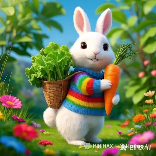 Colorful Yard Welcomes a Friendly Rabbit with Carrot – AI Generated Video | Hailuo AI