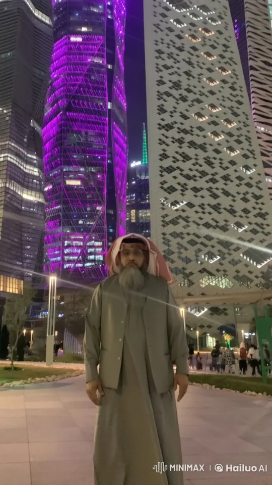 Traditional Figure Smoking Amidst Modern City Lights – AI Generated Video | Hailuo AI