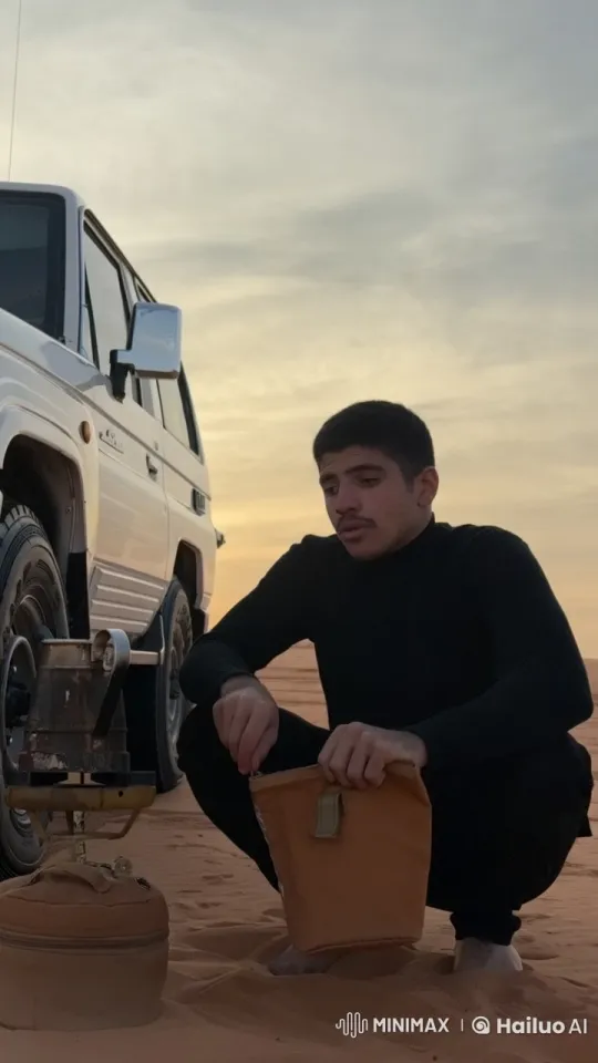 Desert Sunset: Solitary Smoker by Off-Road Vehicle – AI Generated Video | Hailuo AI