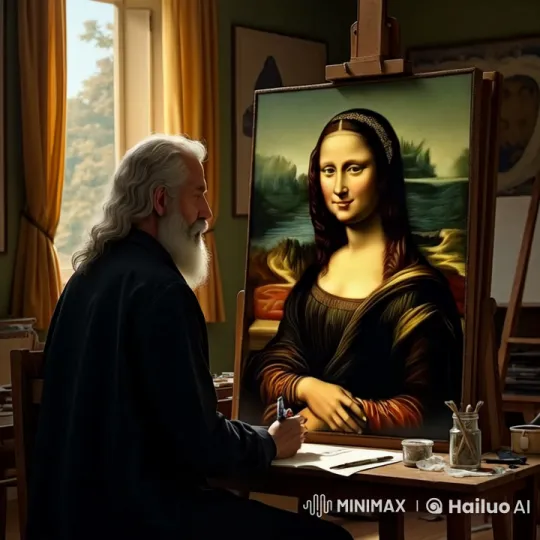 Leonardo da Vinci Joyfully Paints Mona Lisa in Sunlit Studio – AI Generated Video | Hailuo AI