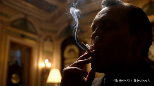 Contemplative Man Amidst Swirling Smoke in Opulent Room – AI Generated Video | Hailuo AI
