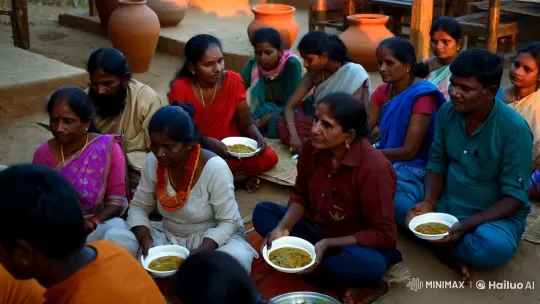 Tamil Nadu Community Awaits Communal Meal at Sunset – AI Generated Video | Hailuo AI