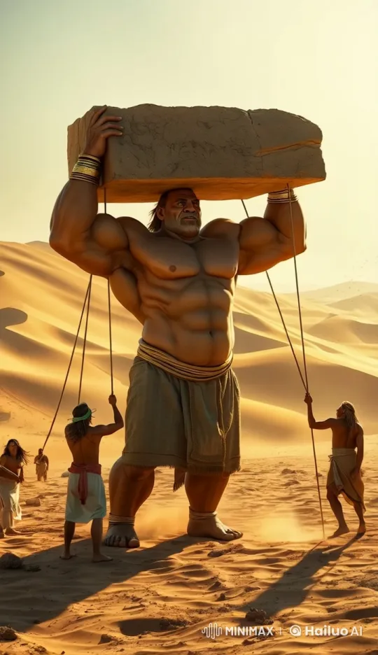Giant and Workers Struggle with Stone in Desert Heat – AI Generated Video | Hailuo AI