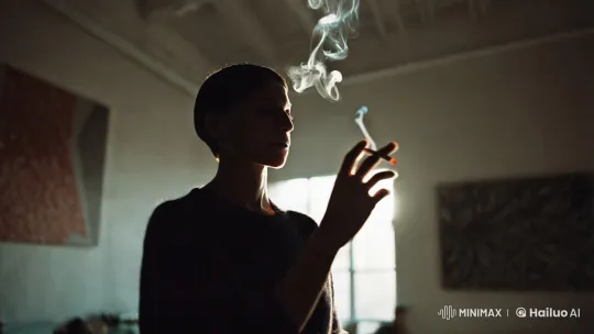 Contemplative Figure in Art-Laden Room with Slow-Motion Smoke – AI Generated Video | Hailuo AI