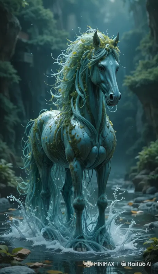 Mystical Horse Displays Majestic Power in Enchanted Stream – AI Generated Video | Hailuo AI