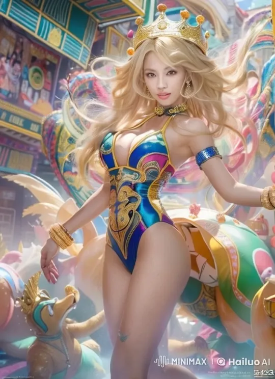 Vibrant Swimmer Celebrates in Decorative Finery – AI Generated Video | Hailuo AI