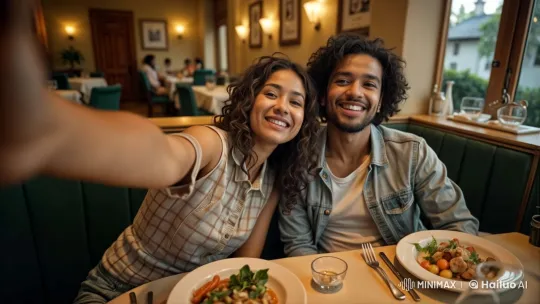 Woman Takes Selfie with Man Amidst Cozy Dining Ambiance – AI Generated Video | Hailuo AI