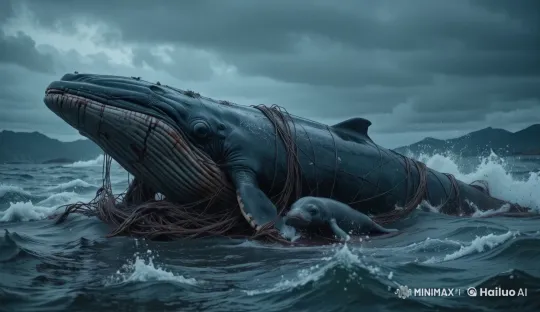 Whale Entangled in Net, Struggles Amid Stormy Seas – AI Generated Video | Hailuo AI