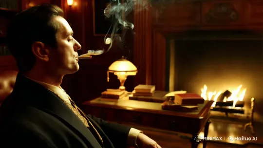 Vintage Elegance: Smoking Jacket Figure in Dim Study – AI Generated Video | Hailuo AI