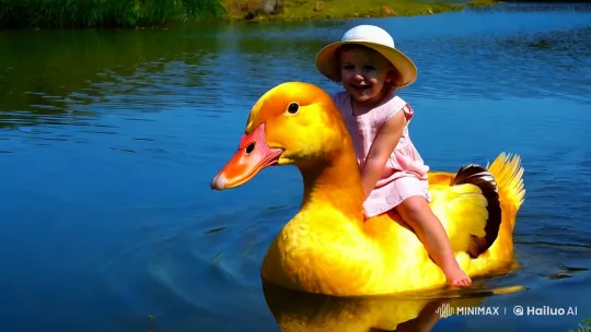 Joyful Girl Rides a Golden Duck on a Shimmering Lake – AI Generated Video | Hailuo AI