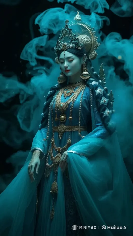 Mystical Woman in Ornate Costume Walks Through Swirling Smoke – AI Generated Video | Hailuo AI
