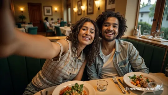 Couple Takes Joyful Selfie Over Appetizing Restaurant Meal – AI Generated Video | Hailuo AI