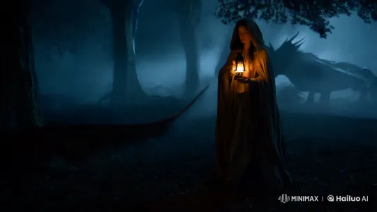 Mysterious Woman in Forest with Dragon Presence – AI Generated Video | Hailuo AI