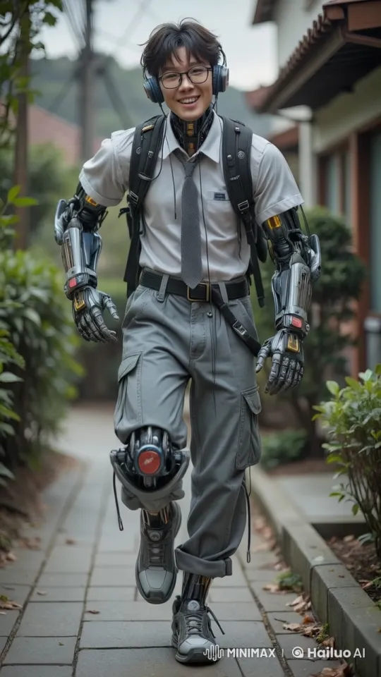 Cybernetic Man Walks Through Residential Path, Limbs Spark Unexpectedly – AI Generated Video | Hailuo AI